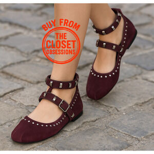 ZARA Leather Studded Ballet Flats NWT | Burgundy Suede Buckle Strap 7.5–8